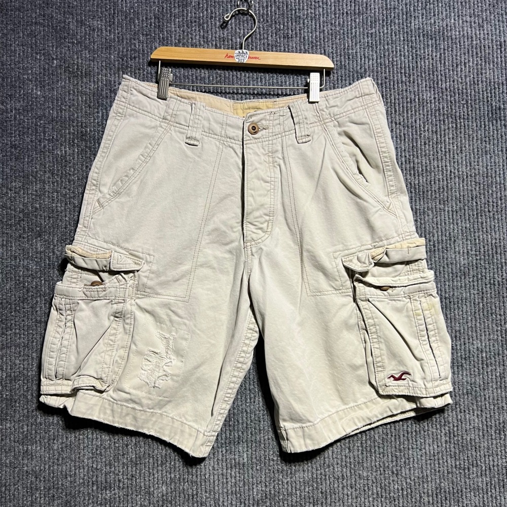 Hollister Cargo Shorts Mens 32 Tan Khaki Distressed Utility Button Fly Y2K